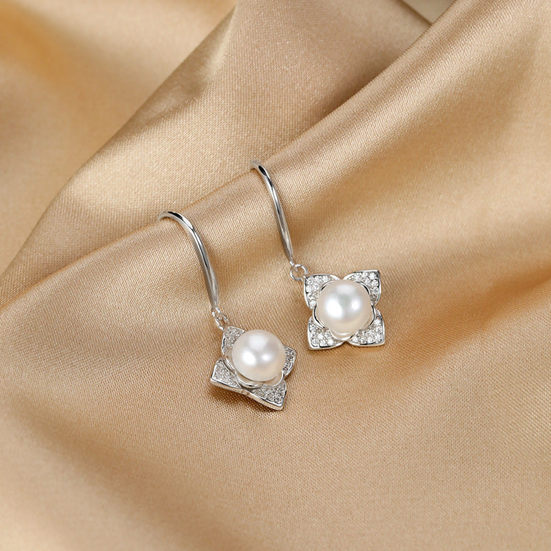 Minimalist Clover Pearl 925 Sterling Silver Earrings