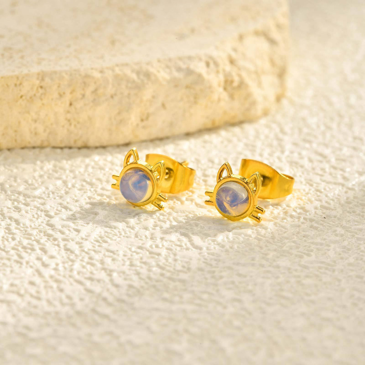 Gold-Tone Opalescent Cat Stud Earrings