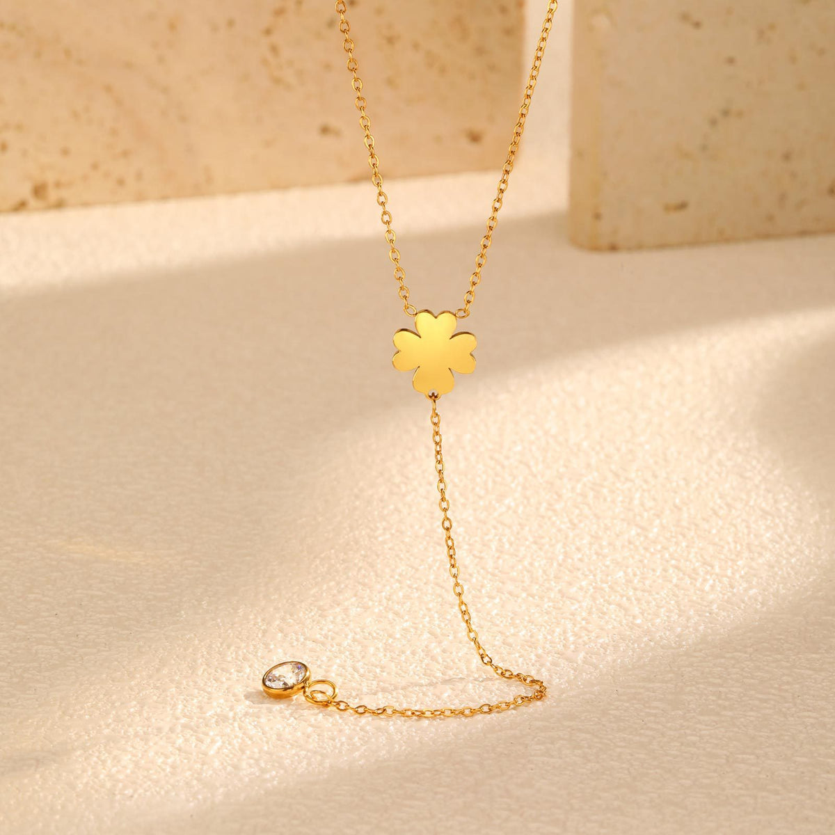 Gold-Plated Stainless Steel Flat Cross Chain Four-Leaf Clover Zircon Fringed Y-Shaped Necklace