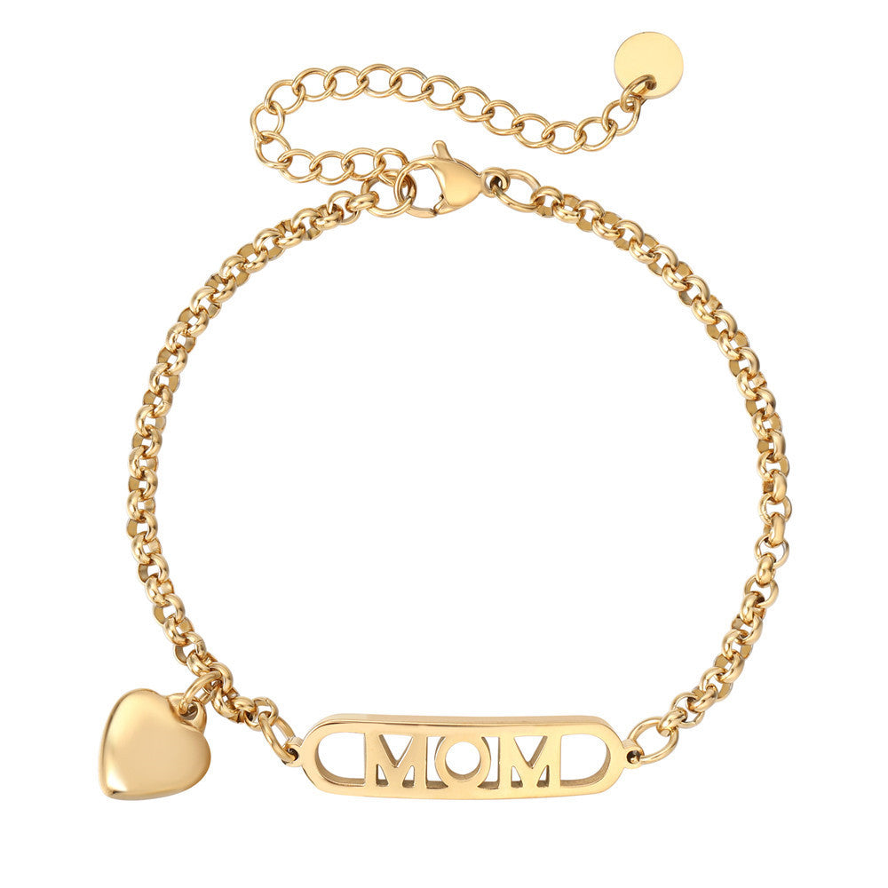 Planderful Rose Gold MOM Bracelet For Moms With Peach Heart Charm Japanese Korean Sweet Letters Everyday Gift