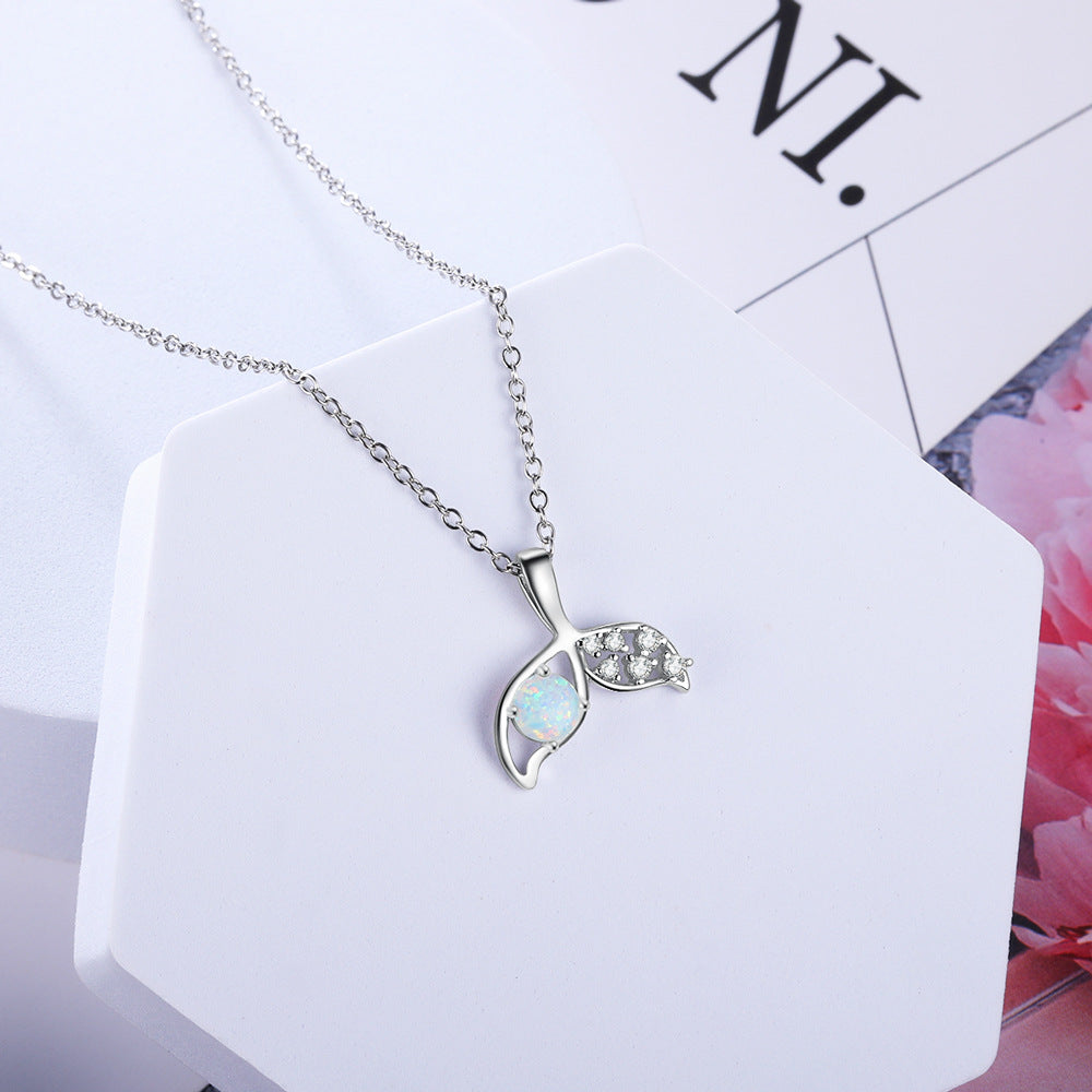 Fishtail Round Opal Zircon Sterling Silver Necklace