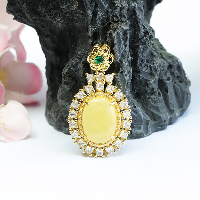 Golden Amber Beeswax Necklace with Zircon Halo