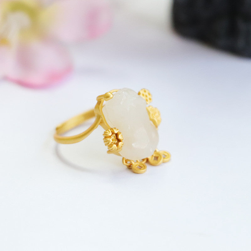 925 Sterling Silver White Hetian Jade Pixiu Ring