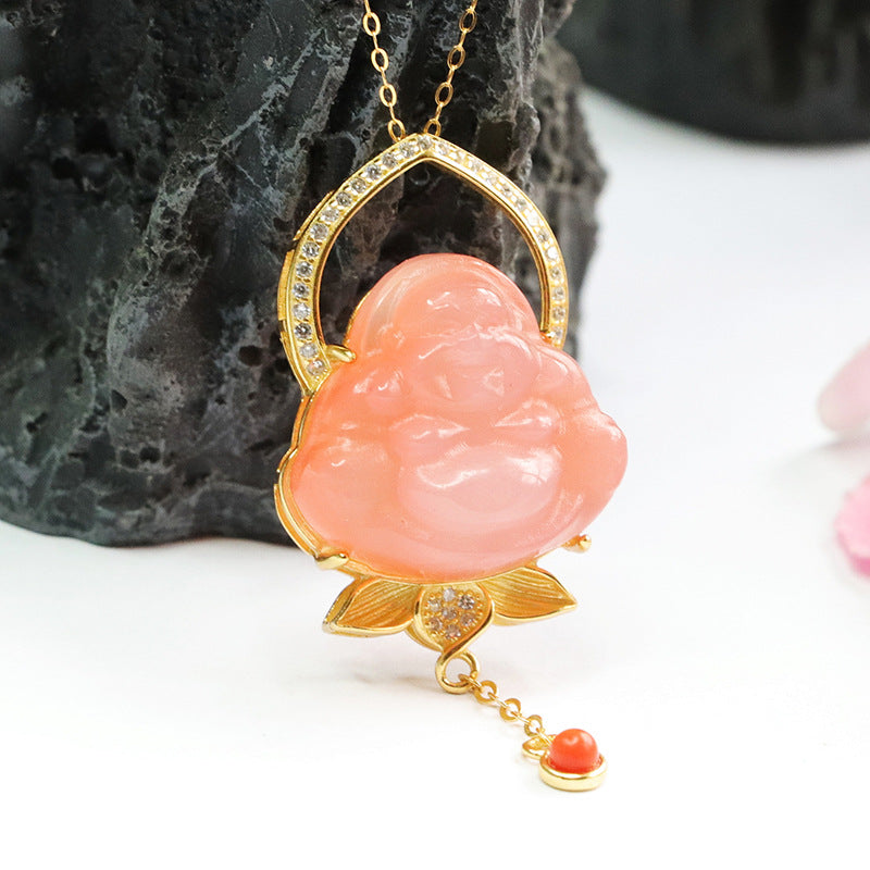 Sterling Silver Buddha Pendant with Agate Gemstone and Zircon Tassel Necklace