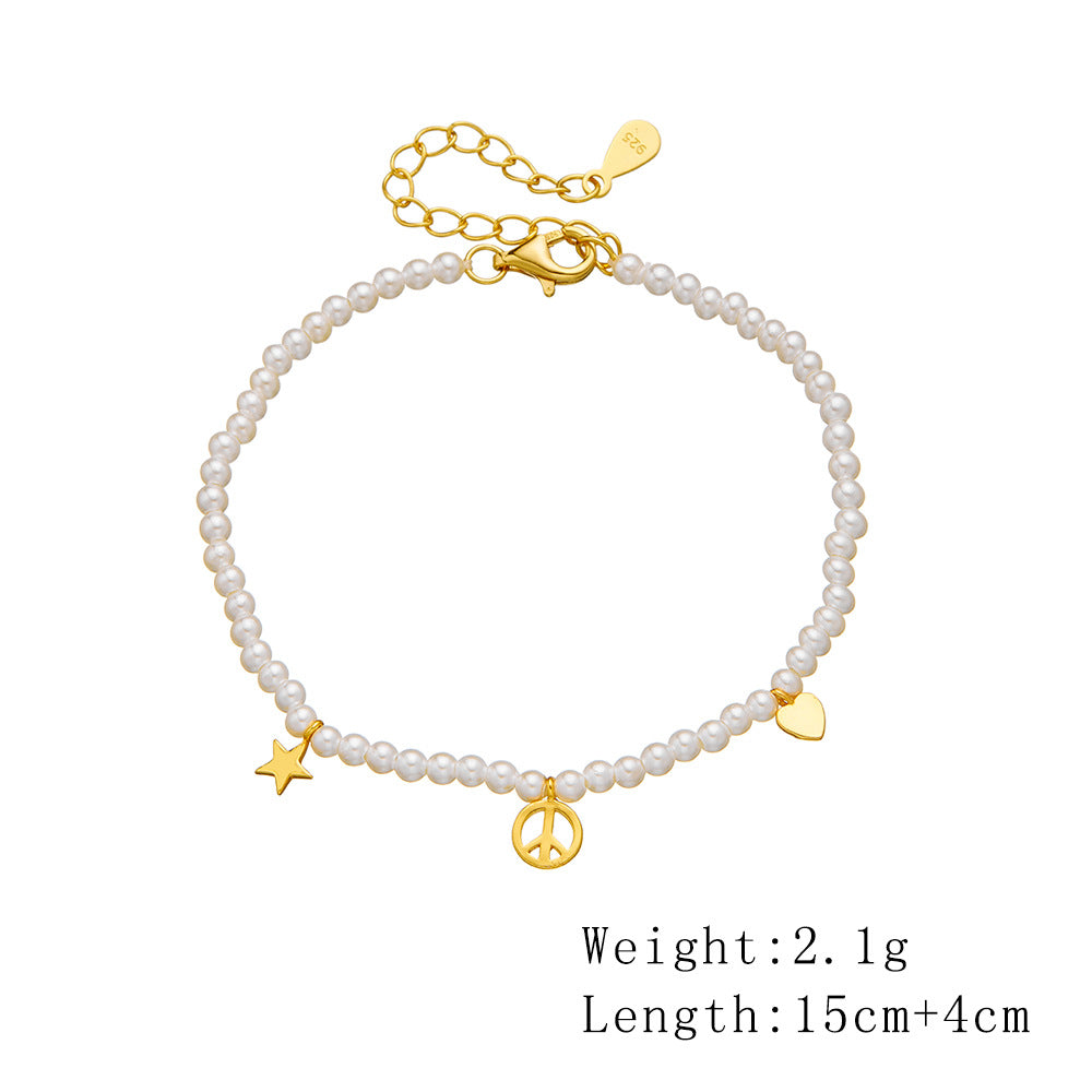 925 Sterling Silver Gold-Plated French Romantic Style Pearl Bracelet Elegant