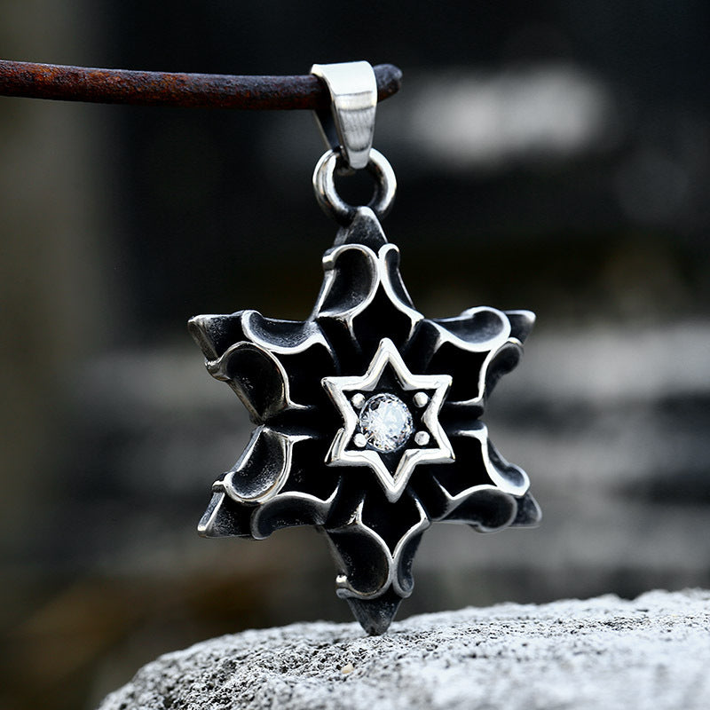 Titanium Steel Retro Punk Six-Pointed Star Pendant for Men with Stone Accent