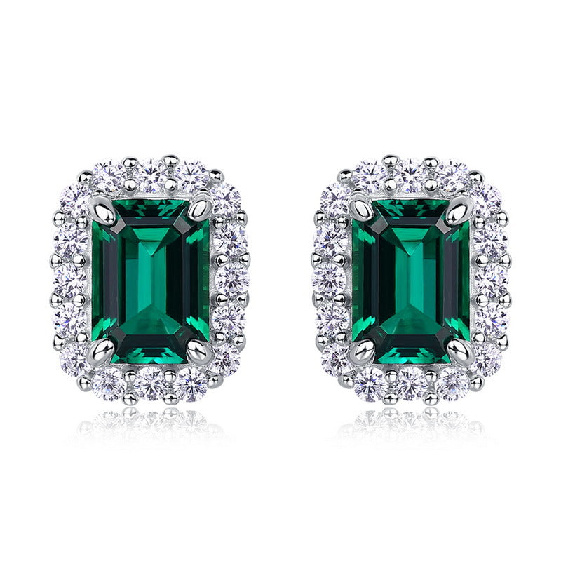 S925 Sterling Silver Lab-Grown Emerald Geometric Stud Earrings
