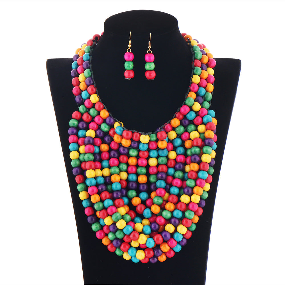 African Inspired Multilayered Wooden Bead Tassel Necklace Set