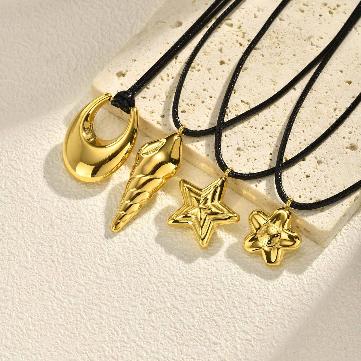 Stainless Steel Geometric Hollow Pendant Star Conch Small Flower Wax Rope Necklace