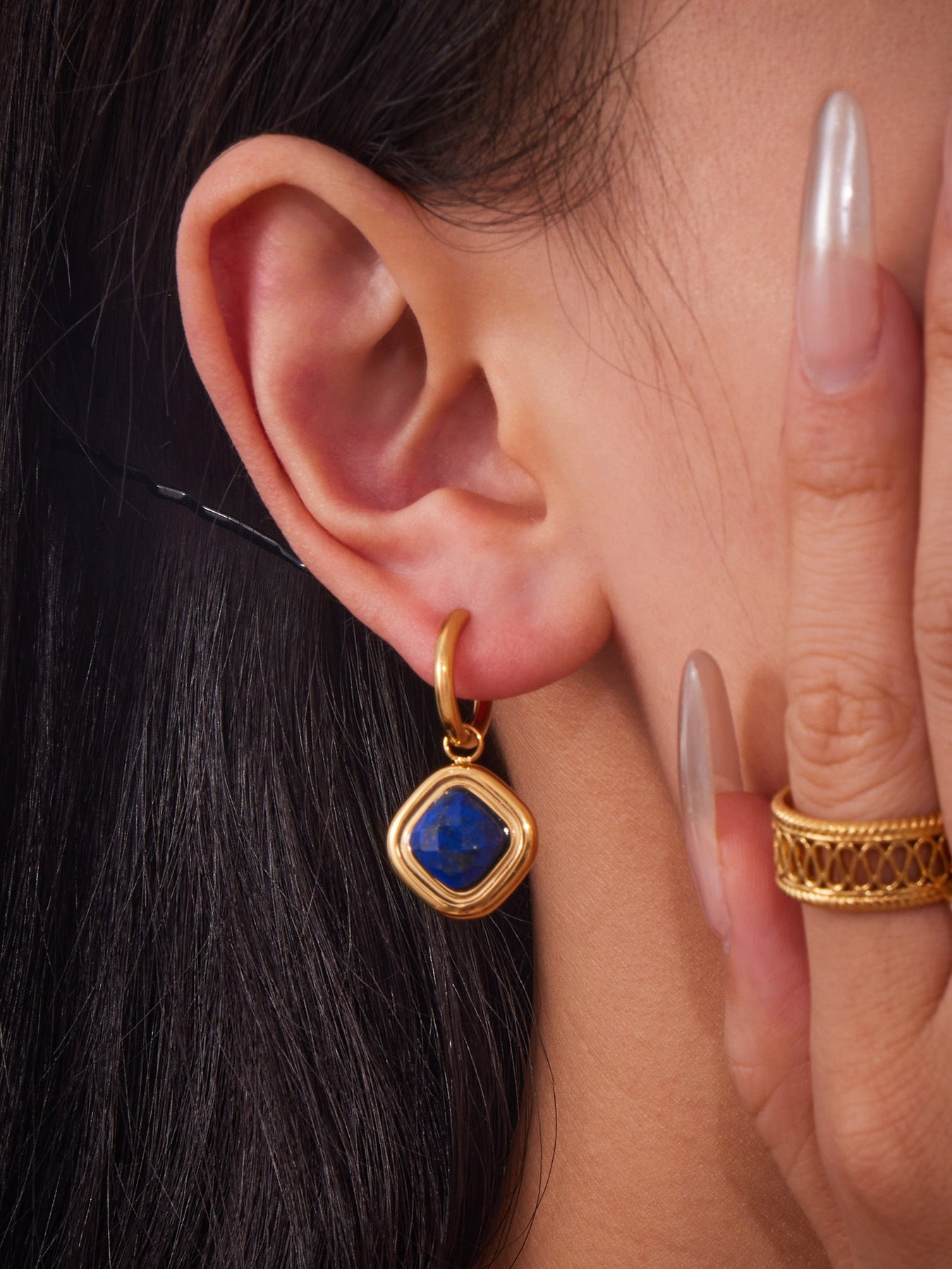 Planderful Lapis Rhombus Earrings Women Gold Plated