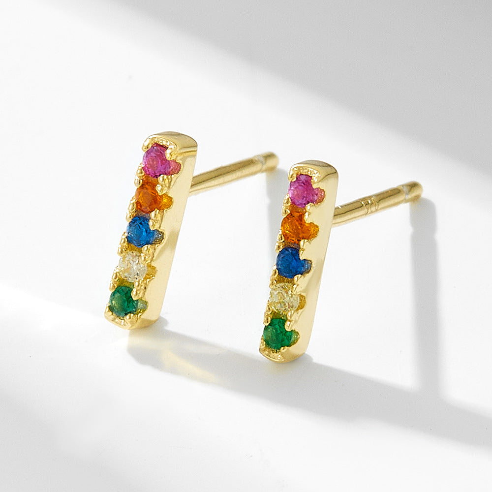 S925 Sterling Silver One-Shaped Micro-Inlaid Colored Zircon Stud Earrings And Square