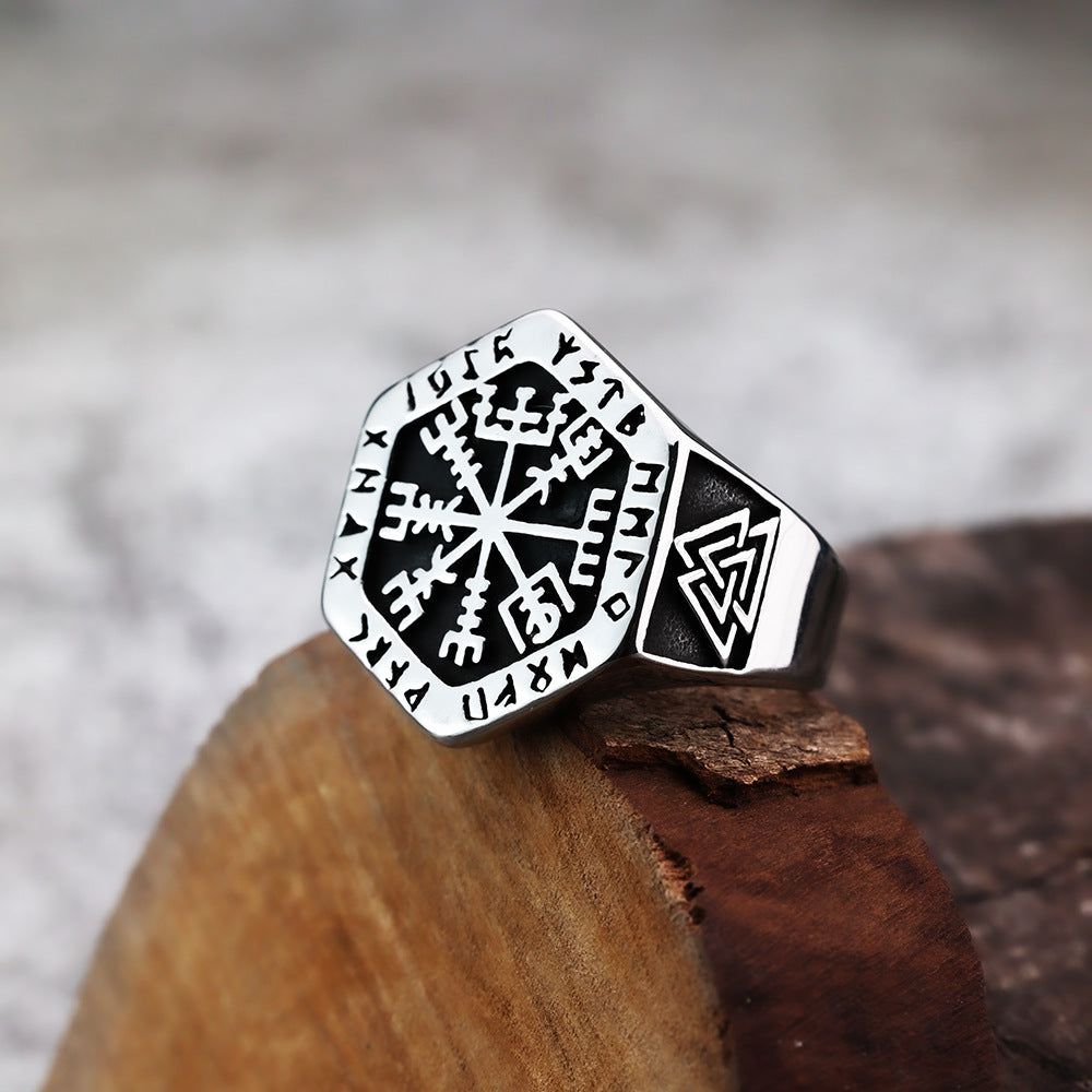Viking Looney Letter Compass Rune Stainless Steel Ring for Men