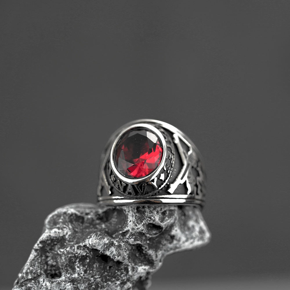 European and American Jewelry Wholesale Men's Titanium Steel Ring Retro Hip-Hop Red Stone Ring