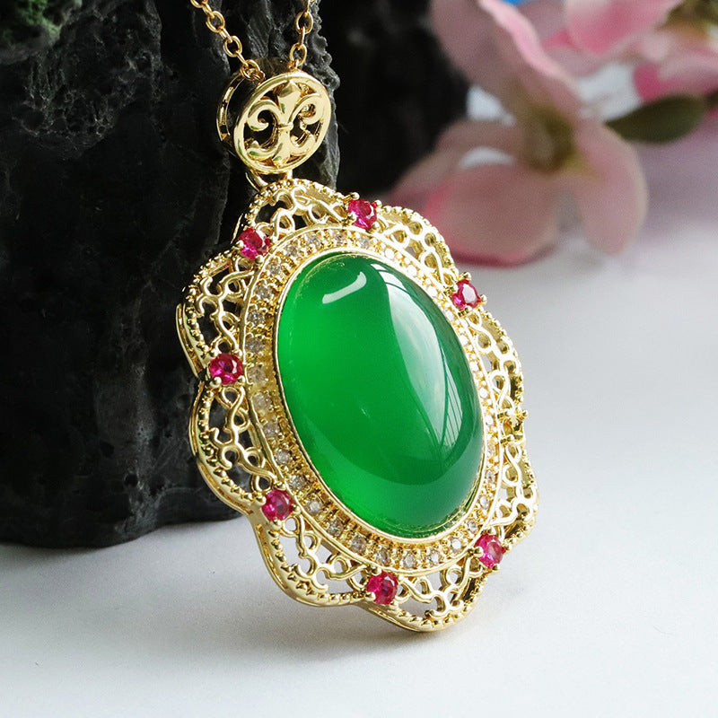 Green Chalcedony Zircon Flower Pendant with Oval Emperor Design