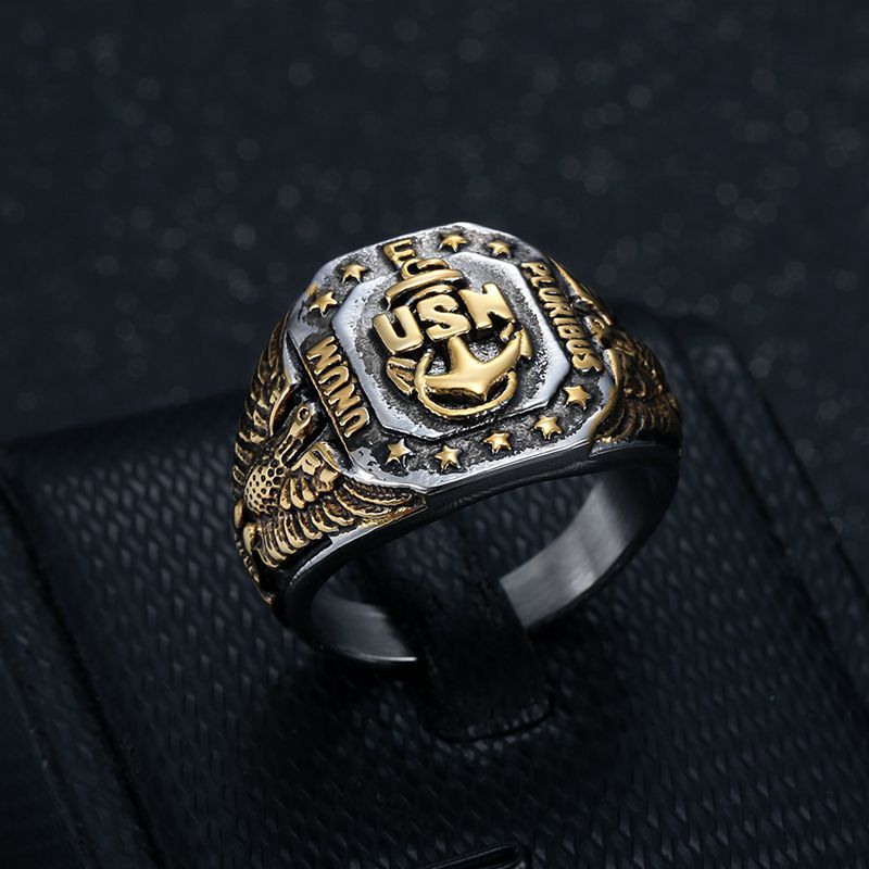 Hip Hop Ring For Men By Planderful Bold Gold Plated Titanium Steel USN Anchor Eagle Motif