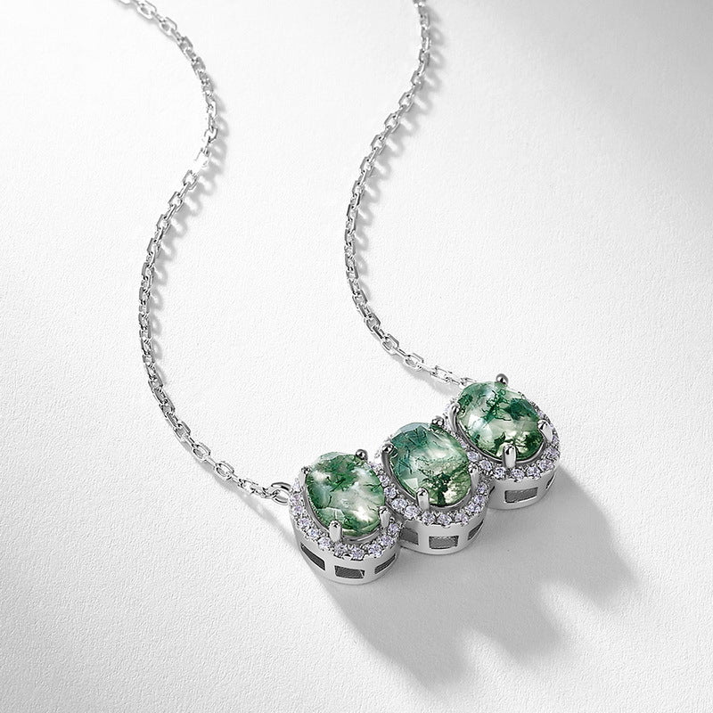 Planderful Jewelry Sterling Silver Moss Agate Necklace With Oval Green Pendant For Everyday Elegance