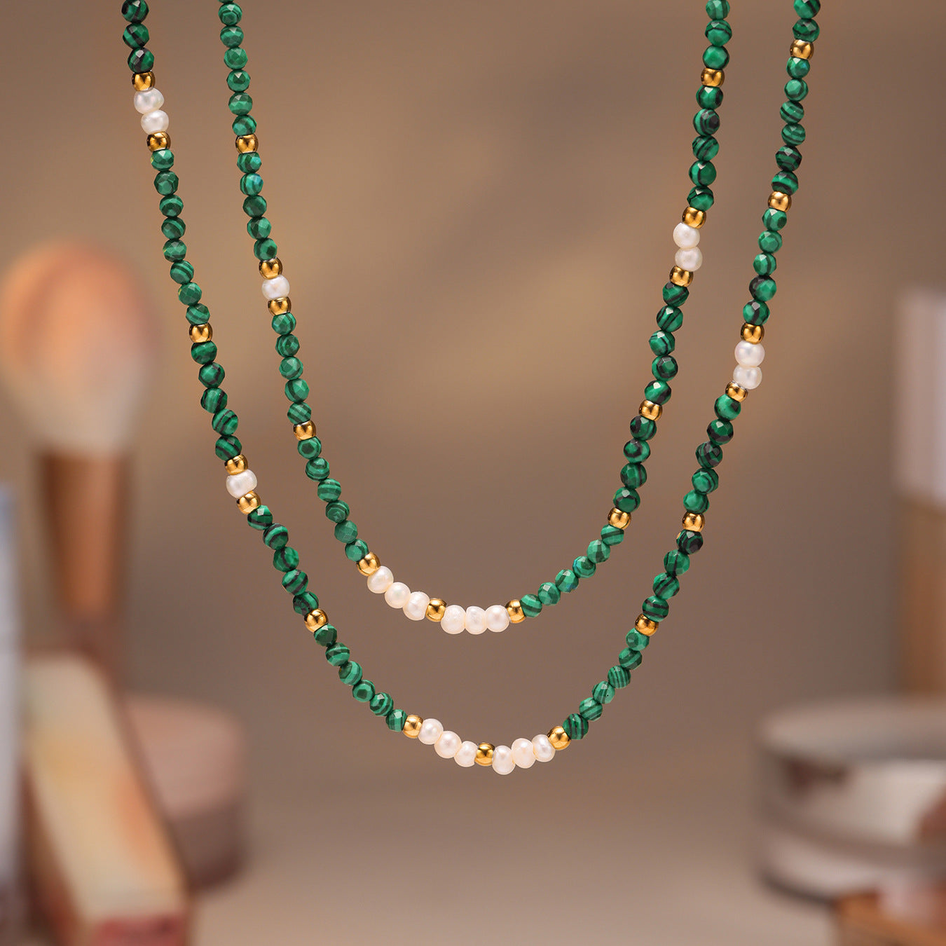 Planderful Clavicle Necklace Beaded Malachite Pearl Girls