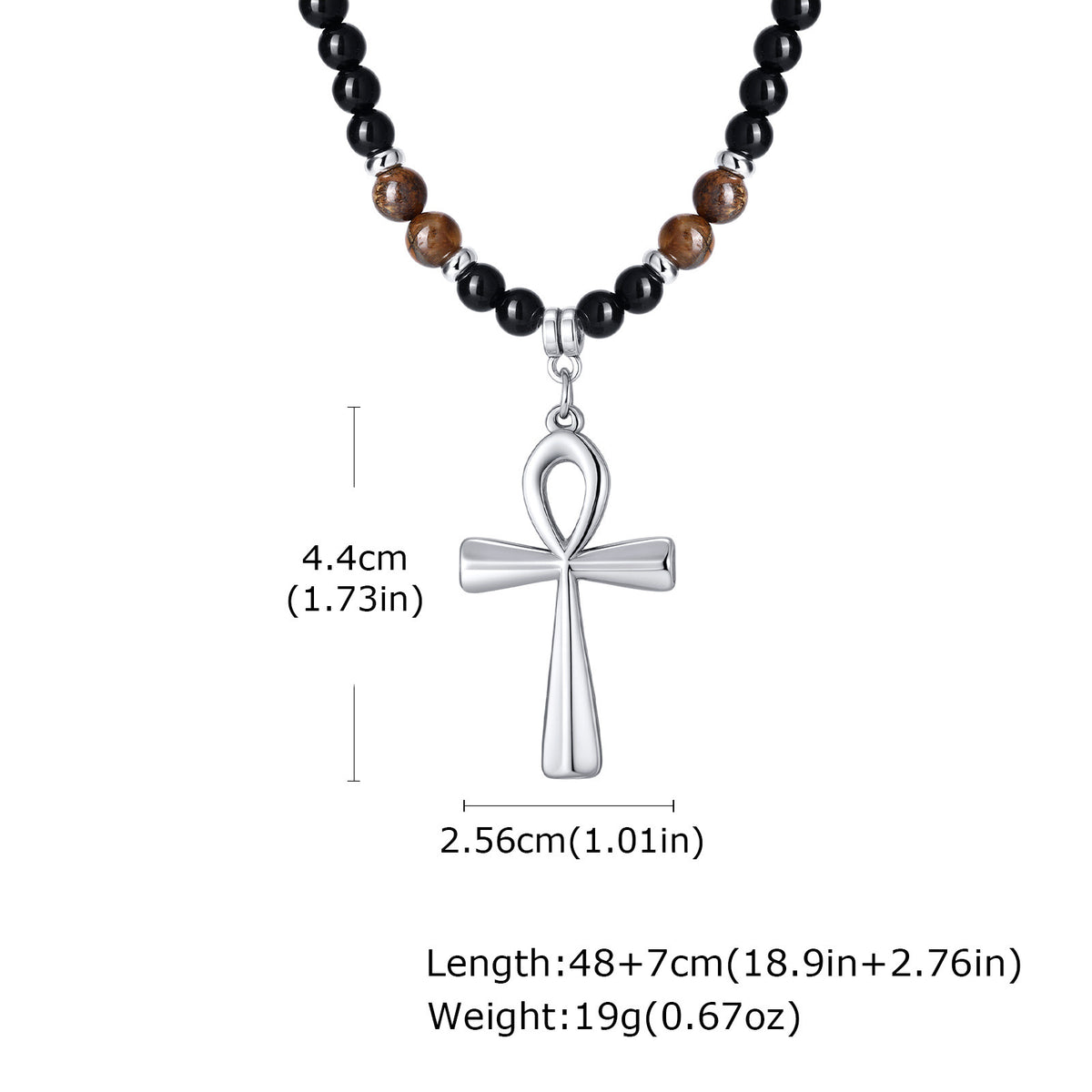 Stainless Steel Anka Cross Black Acrylic Round Beads Natural Tiger's Eye Beaded Necklace