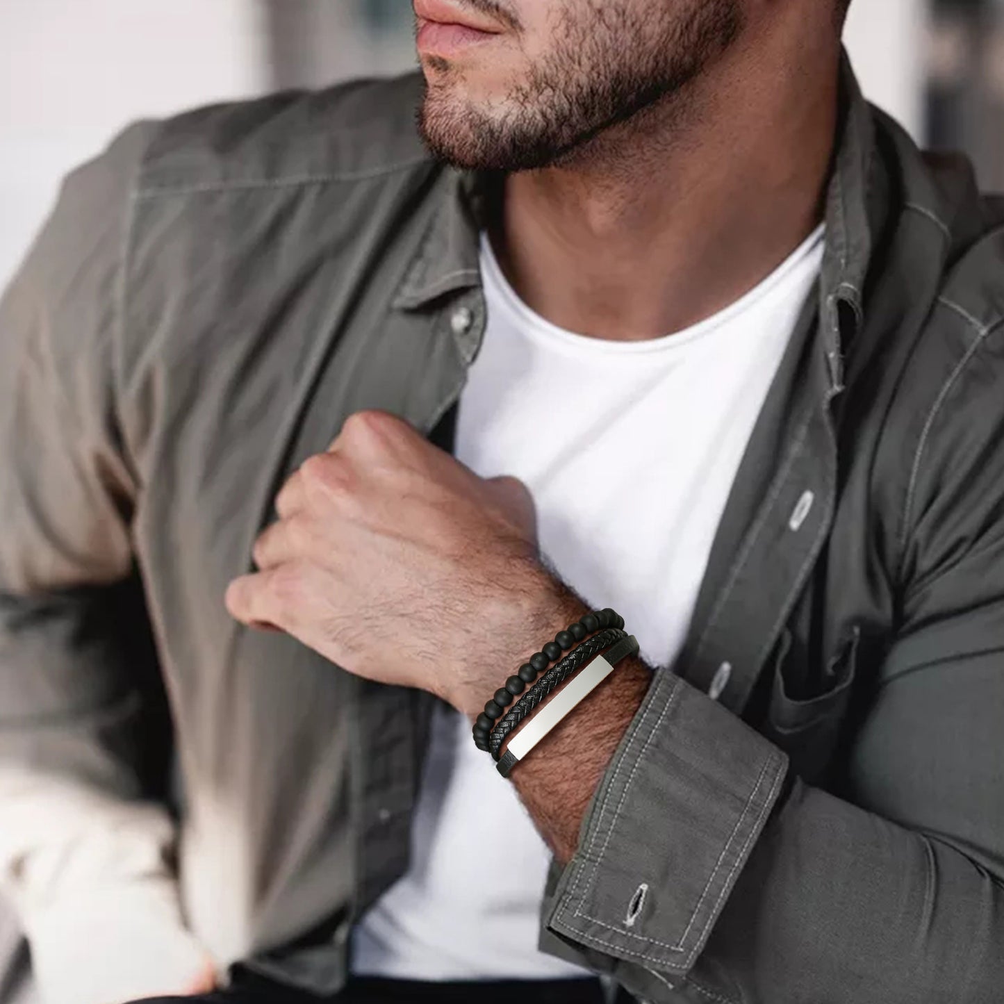 Stainless Steel Curved Brand Matte Agate Leather Bracelet