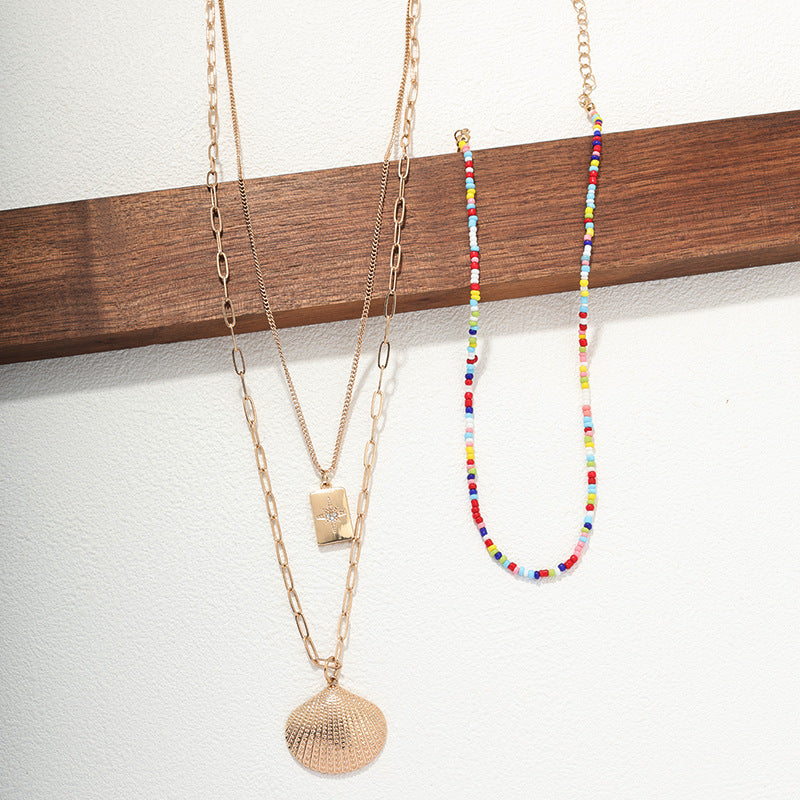 Vibrant Rainbow Beaded Collar Necklace Set with Venus Pendant