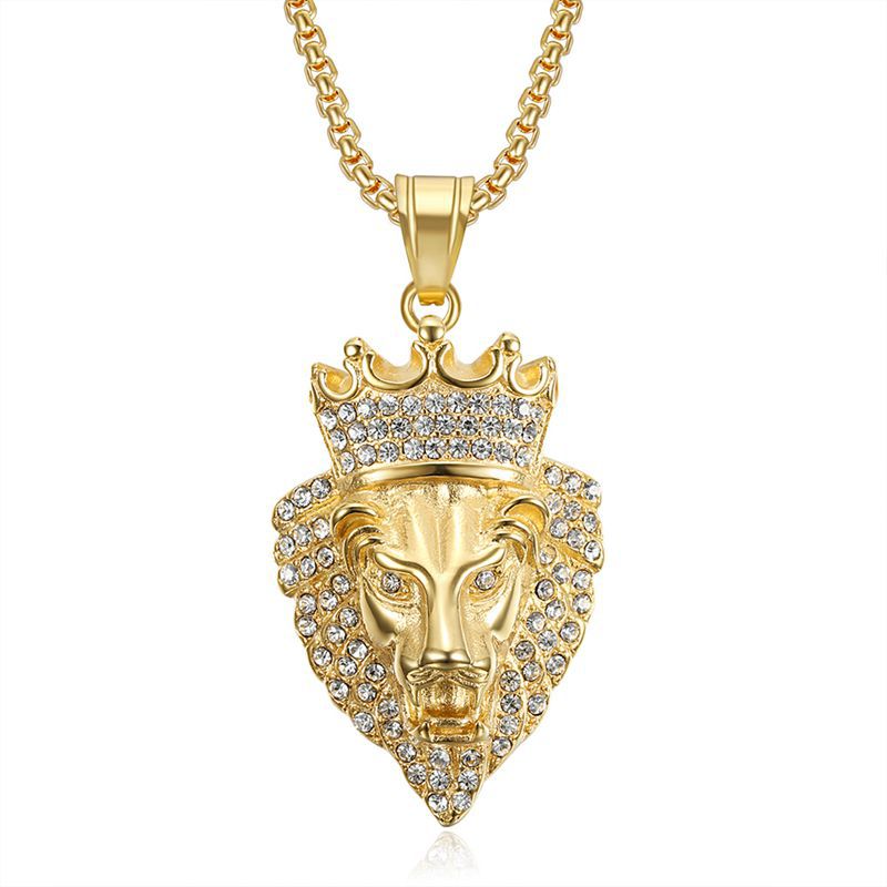 Planderful Hip Hop Lion Necklace Gold Plated Titanium Steel Rhinestone Crown Pendant For Hip Hop Fans