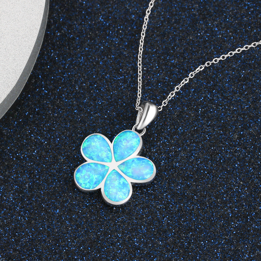 Planderful Jewelry Blue Opal Necklace With Flower Pendant In Sterling Silver S925