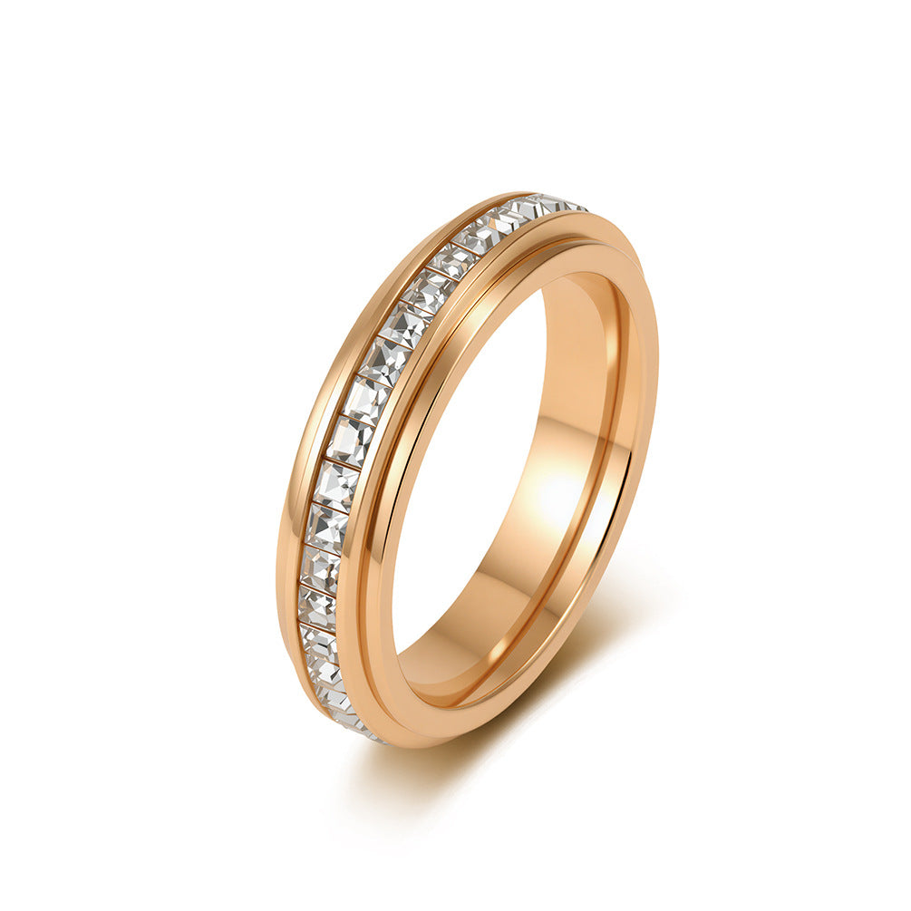 Rotatable Square Full Zircon Stainless Steel Ring Women's 18k Gold Stress-Relief