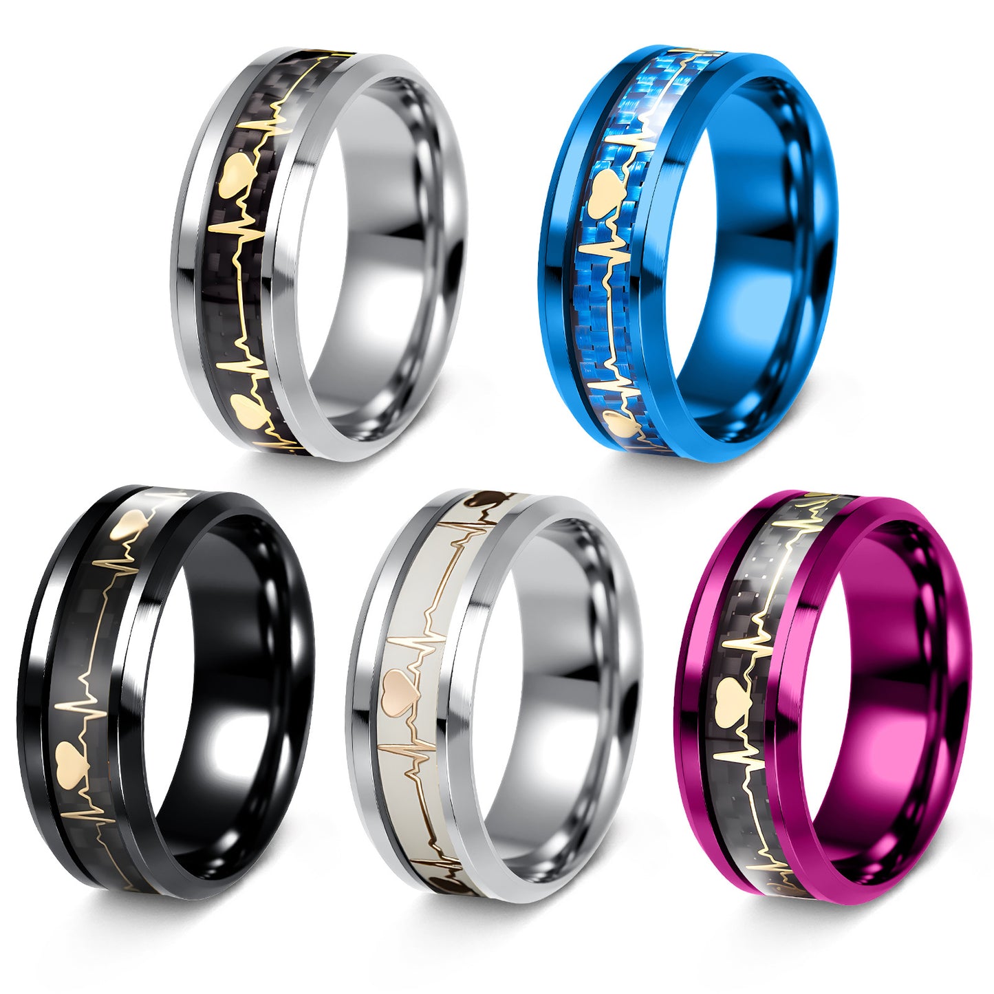 ECG Heartbeat 8mm Carbon Fiber Ring For Valentines Day Couples Unisex Titanium Steel By Planderful Everyday Genie