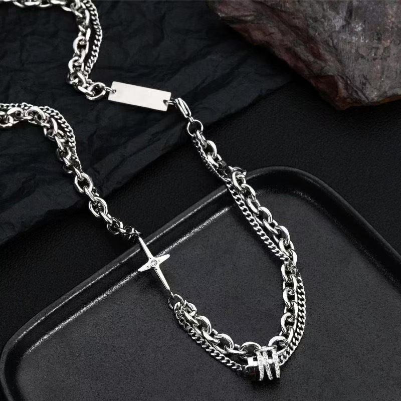 Planderful Jewelry Zircon Transfer Pendant Necklace Titanium Steel Double Layer Clavicle Chain for Men