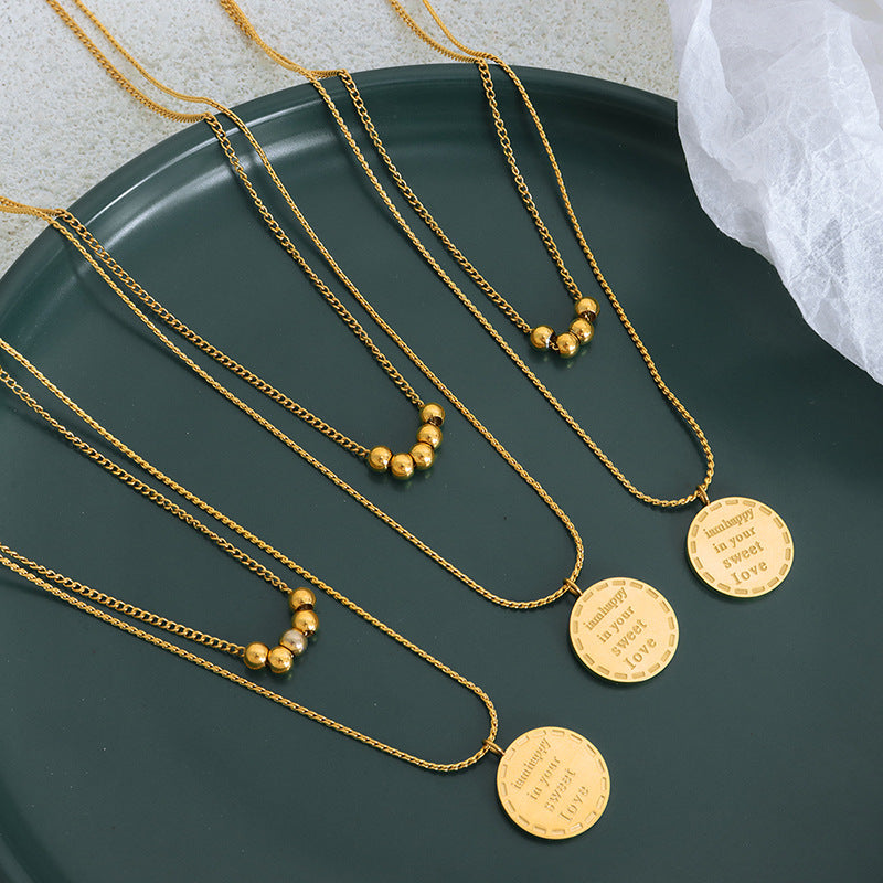 Golden French Letter Pendant Necklace with Double Circle Beaded Design