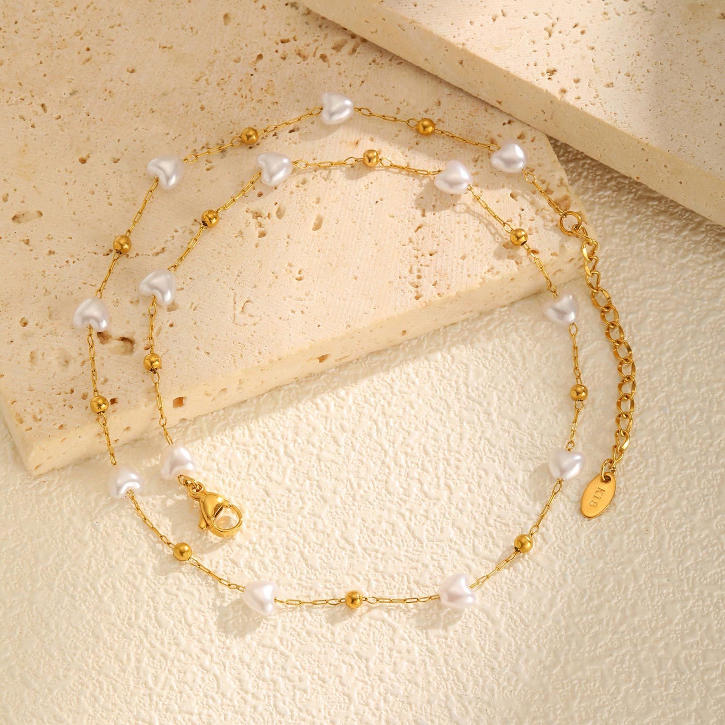 Stainless Steel Round Bead Heart Imitation Pearl Necklace Bracelet Gold Ladies Elegant