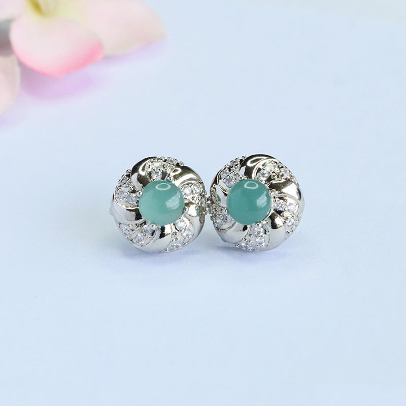 Blue-Water Jadeite Bead Halo Stud Earrings