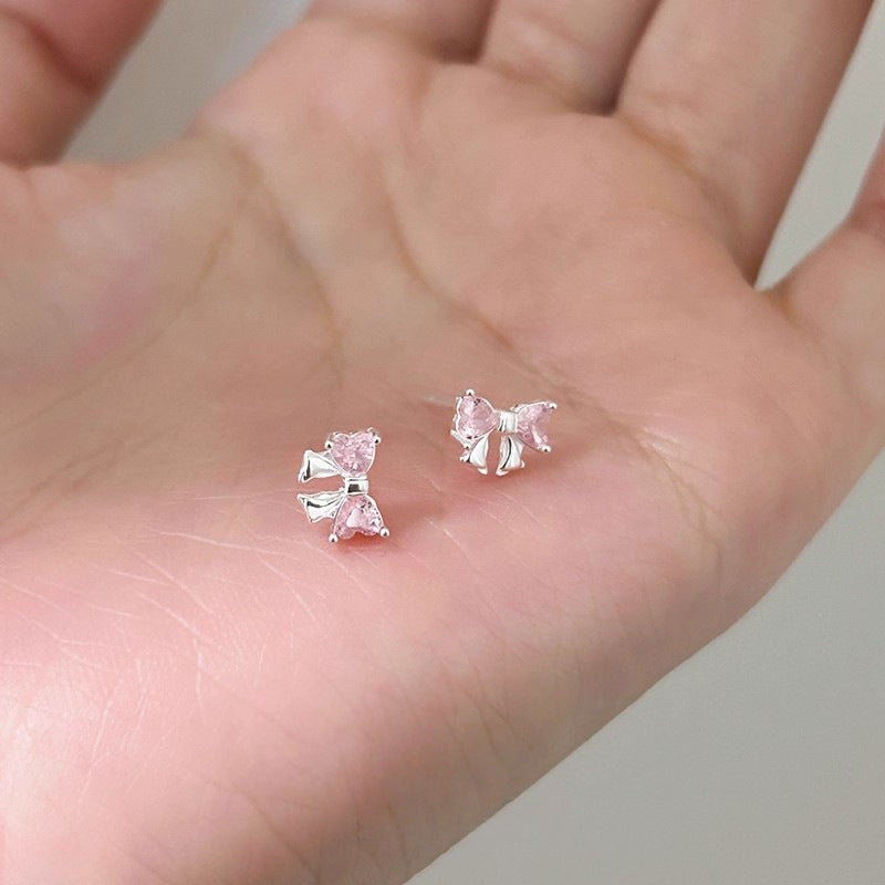 Planderful 925 Sterling Silver Bow Stud Earrings For Women With Pink Zircon Exquisite High End Jewelry