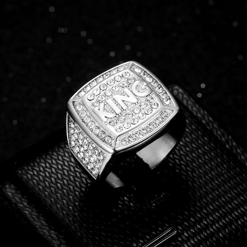 Planderful Everyday Genie Hip Hop Ring Titanium Steel Gold Plated Rhinestone King Mens Ring