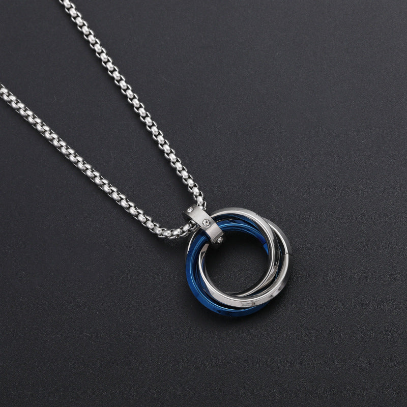 Mens Necklace Hip Hop Three Ring Pendant Titanium Steel Jewelry by Planderful Everyday Genie Collection