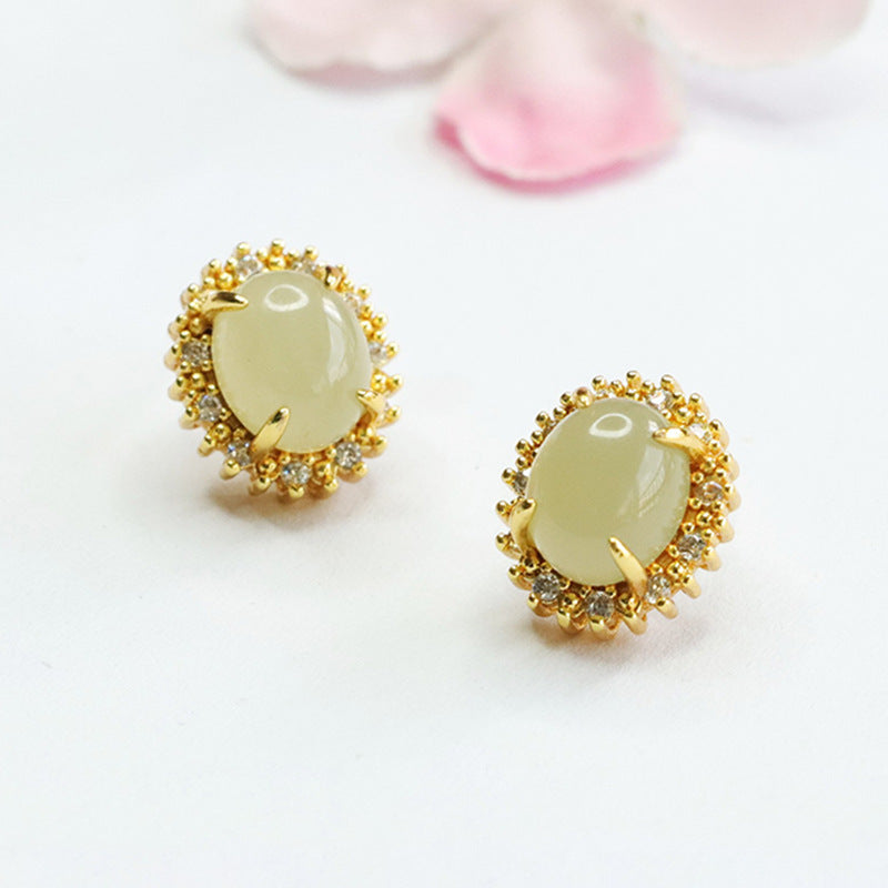Natural Hotan Jade Oval Earrings for Women