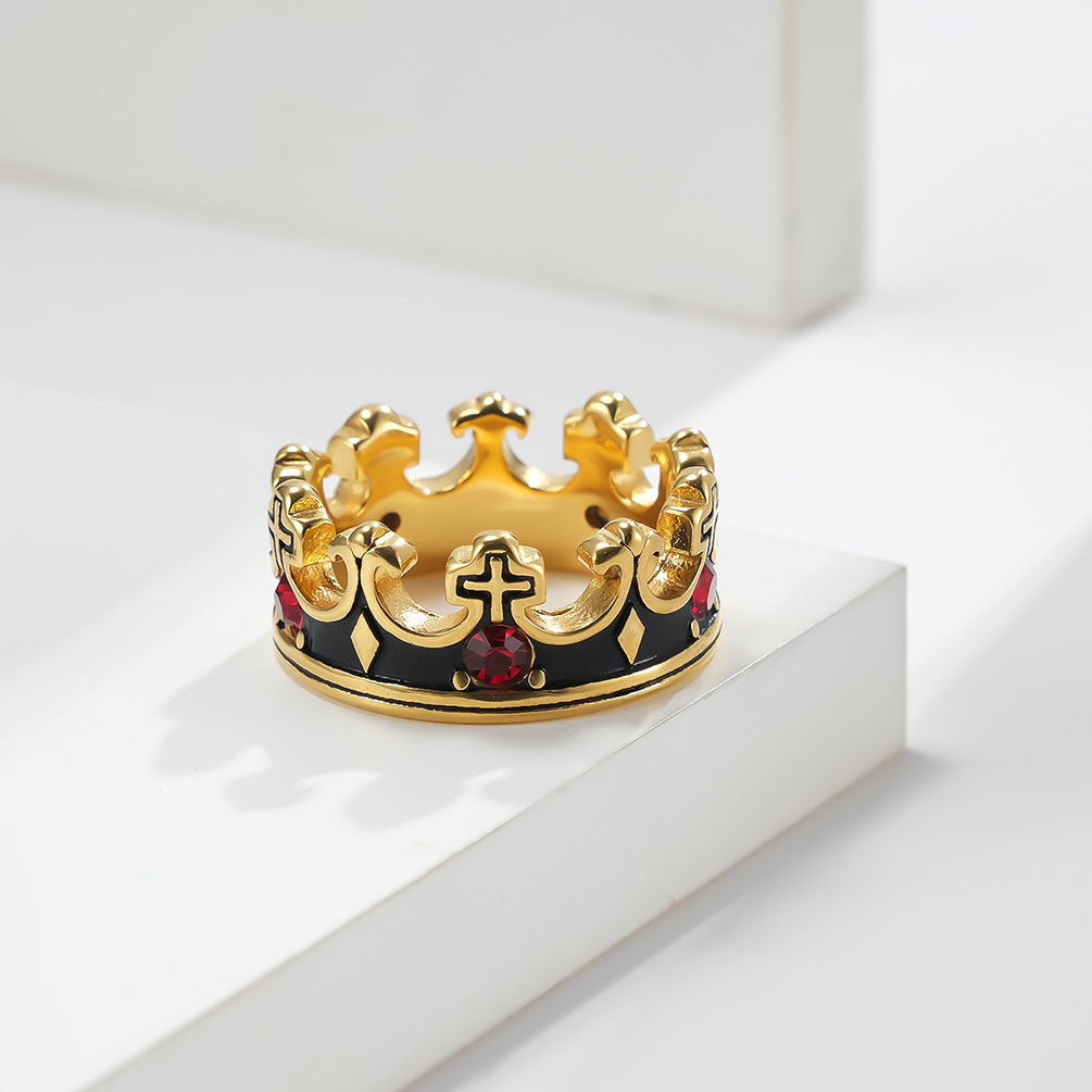 Red Zircon Crown Ring Unisex Retro Gothic Stainless Steel Titanium Band Planderful Everyday Genie