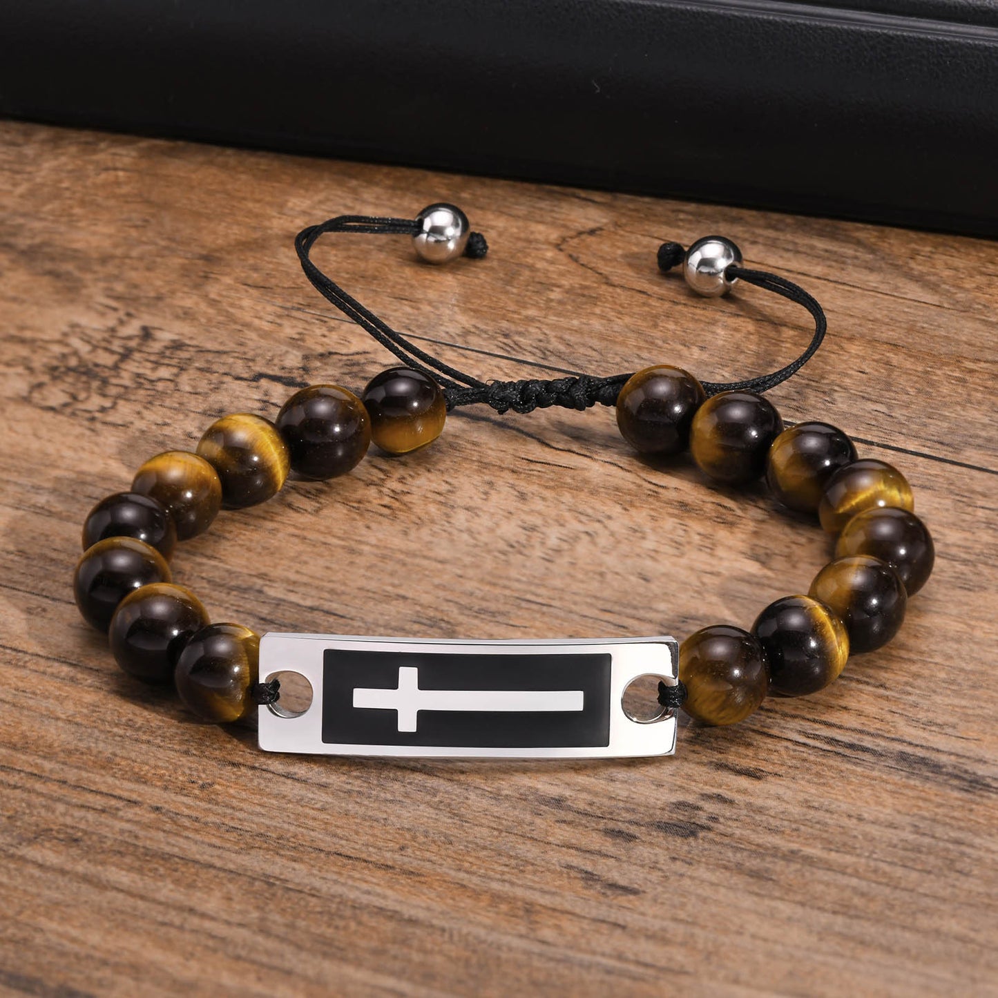 Bracelet Stainless Steel Bent Cross Black Agate Tiger's Eye Beaded Woven Bracelet for Men