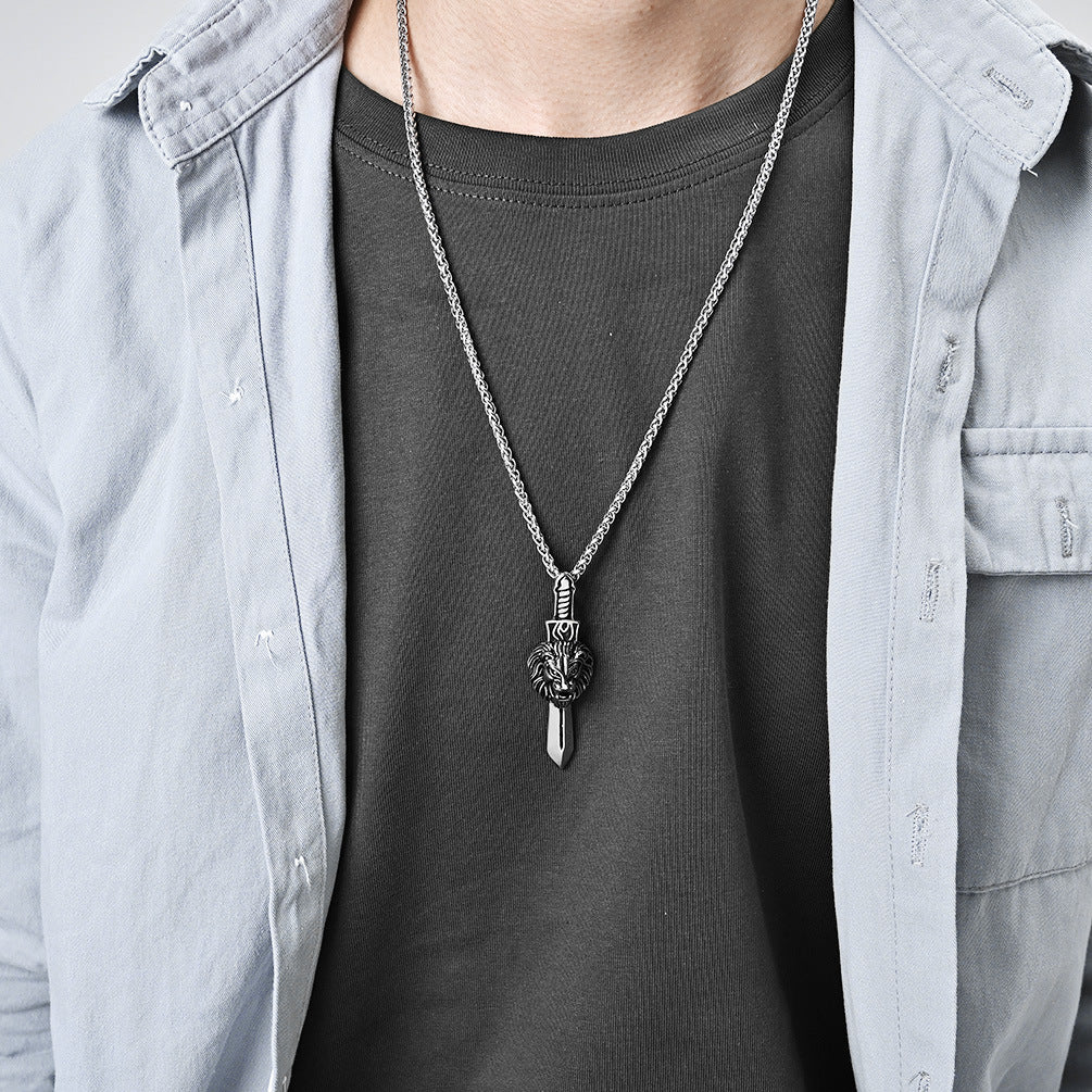 Cross-Border Retro Lion Head Titanium Steel Necklace for Men