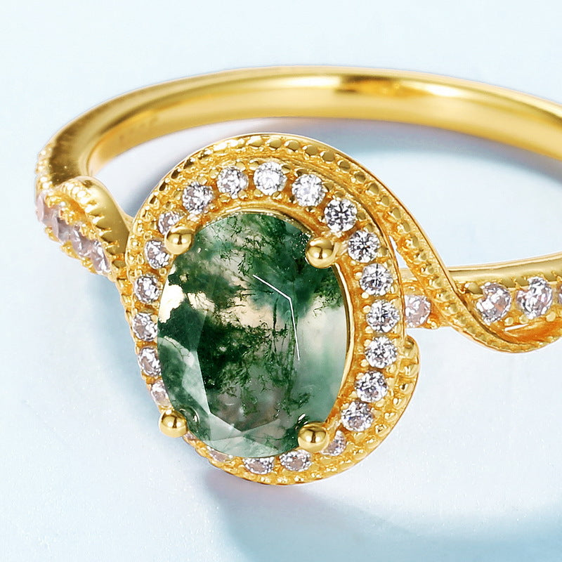 S925 Sterling Silver Gold-Plated Moss Agate Signature Ring