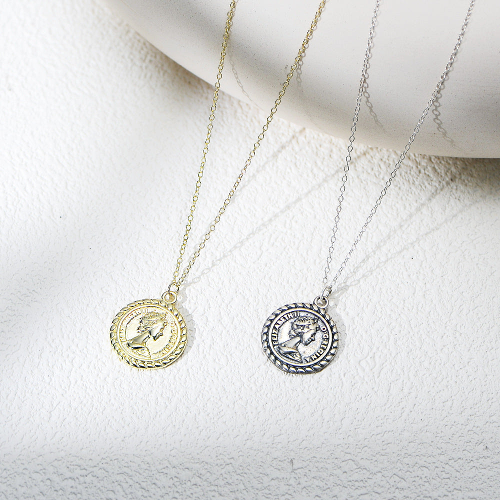 Planderful S925 Sterling Silver Queen Coin Necklace Portrait Embossed Gift For Women Hipster Retro Collarbone Chain
