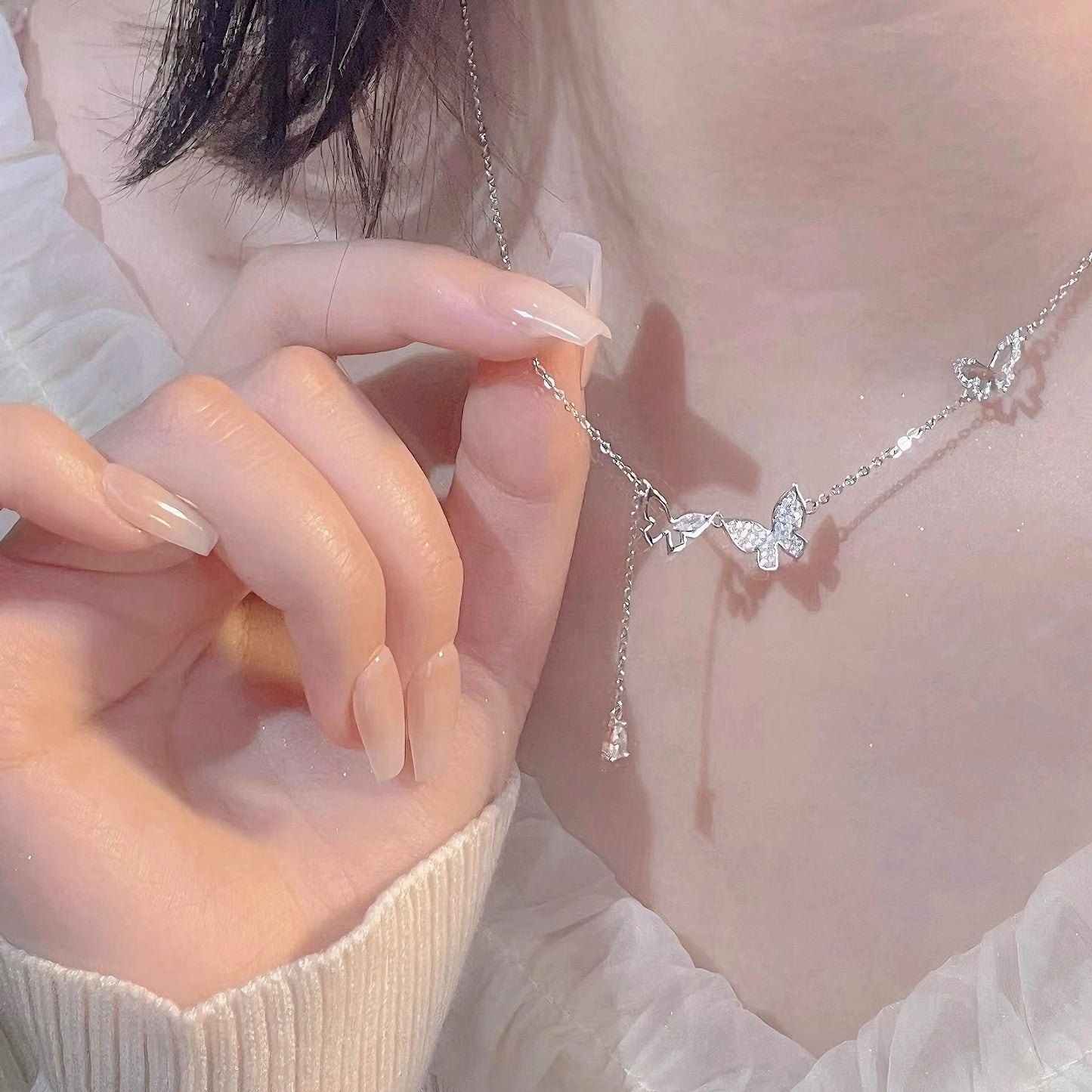 Planderful Sterling Silver Butterfly Tassel Necklace For Women Elegant Luxury Collarbone Pendant