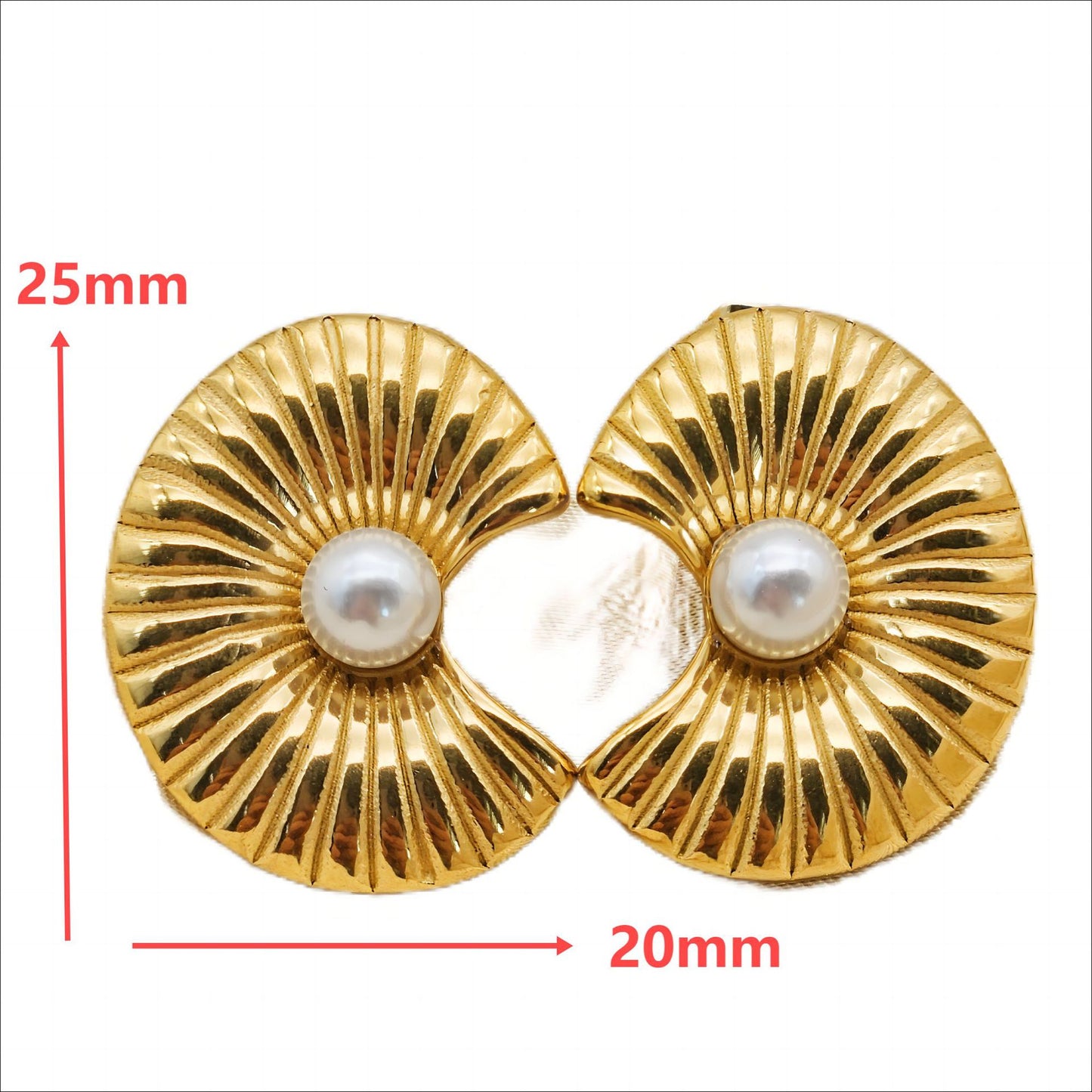 Planderful Gold Plated Striped Pearl Scalloped Earrings Stainless Steel For Fashion Forward Women Elegant Statement