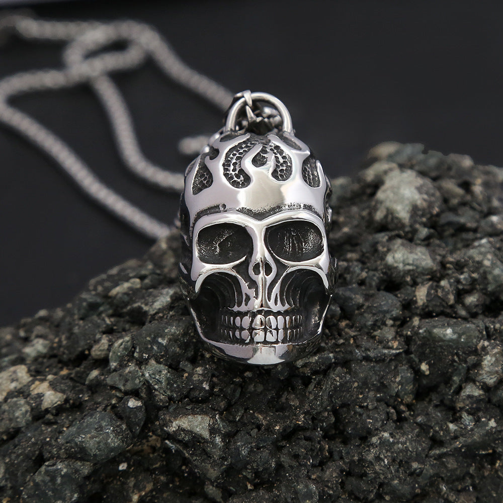Foreign Trade Titanium Steel Flame Skull Necklace for Men