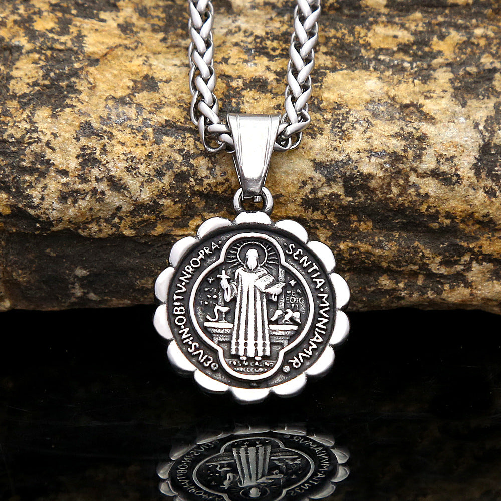 Retro Saint Ben Double-Sided Titanium Steel Pendant Necklace for Men