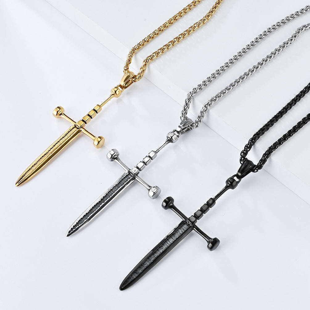 Planderful Double Bladed Cross Sword Necklace For Men Retro Self Defense Pendant Chain