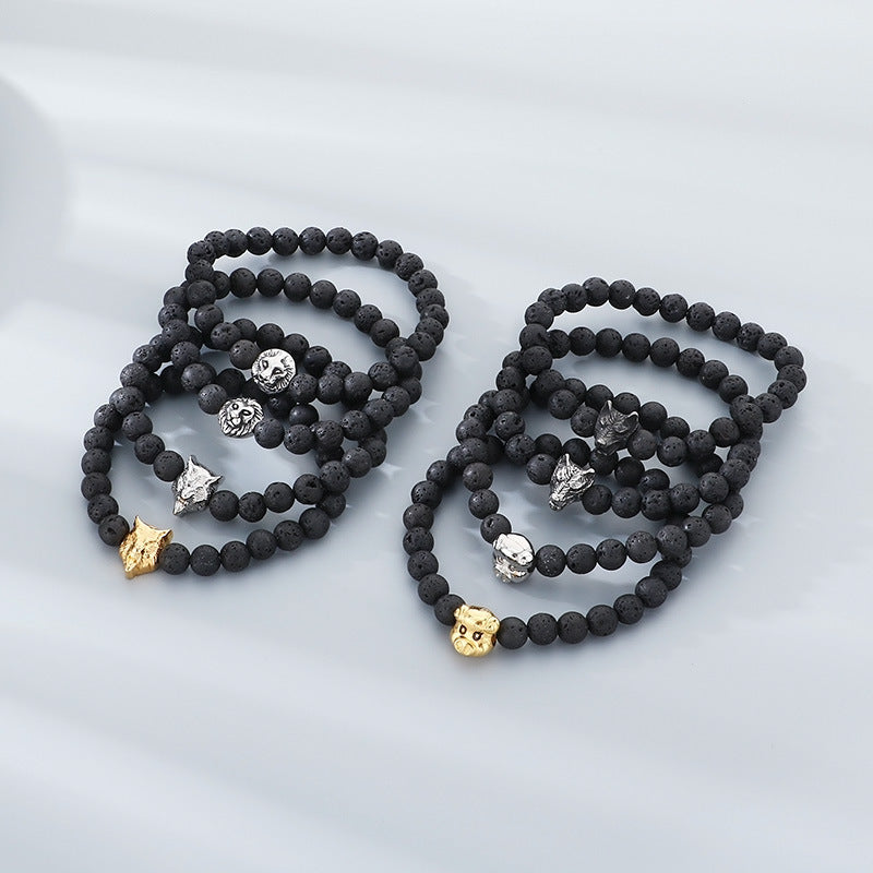 Planderful Lava Stone Beaded Bracelet For Men Animal Head