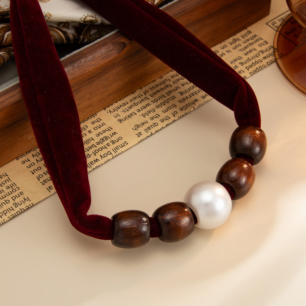 Wood Bead Pearl-Style Collarbone Necklace