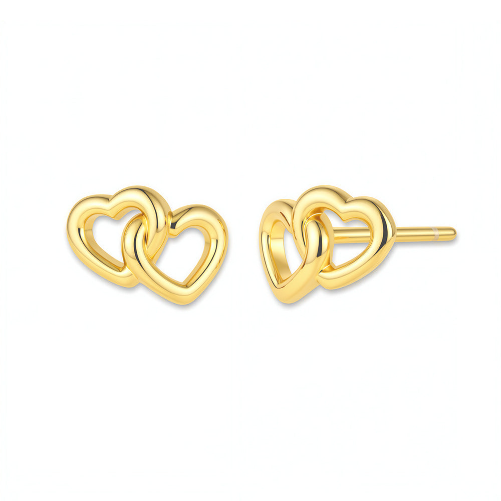 S925 Sterling Silver Small Fresh Love Design Stud Earrings Exquisite Heart-To-Heart Print Sweet