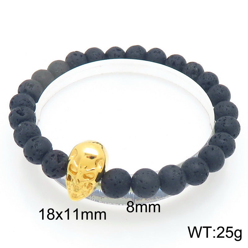 Planderful Men Skull Beaded Elastic Bracelet Volcanic Stone